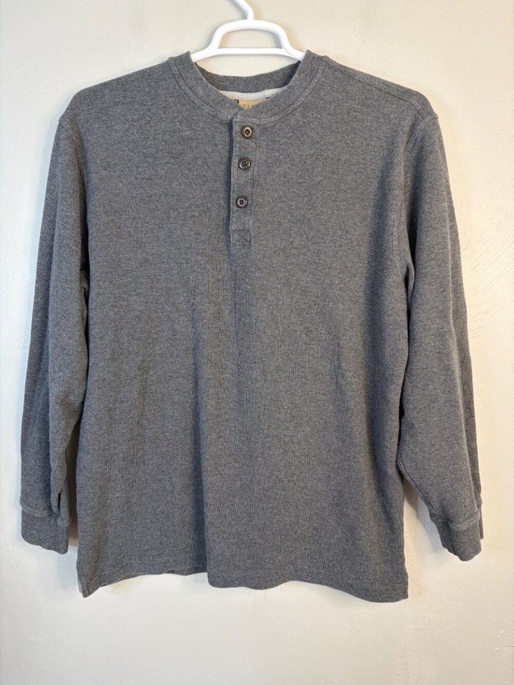 L L Bean Gray Henley Waffle Knit Large Tall Comfy Cozy Pullover Button front